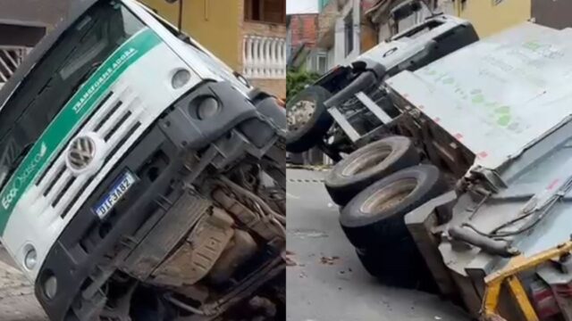 Caminhão de lixo cai em cratera após asfalto ceder em Osasco, na Grande São Paulo