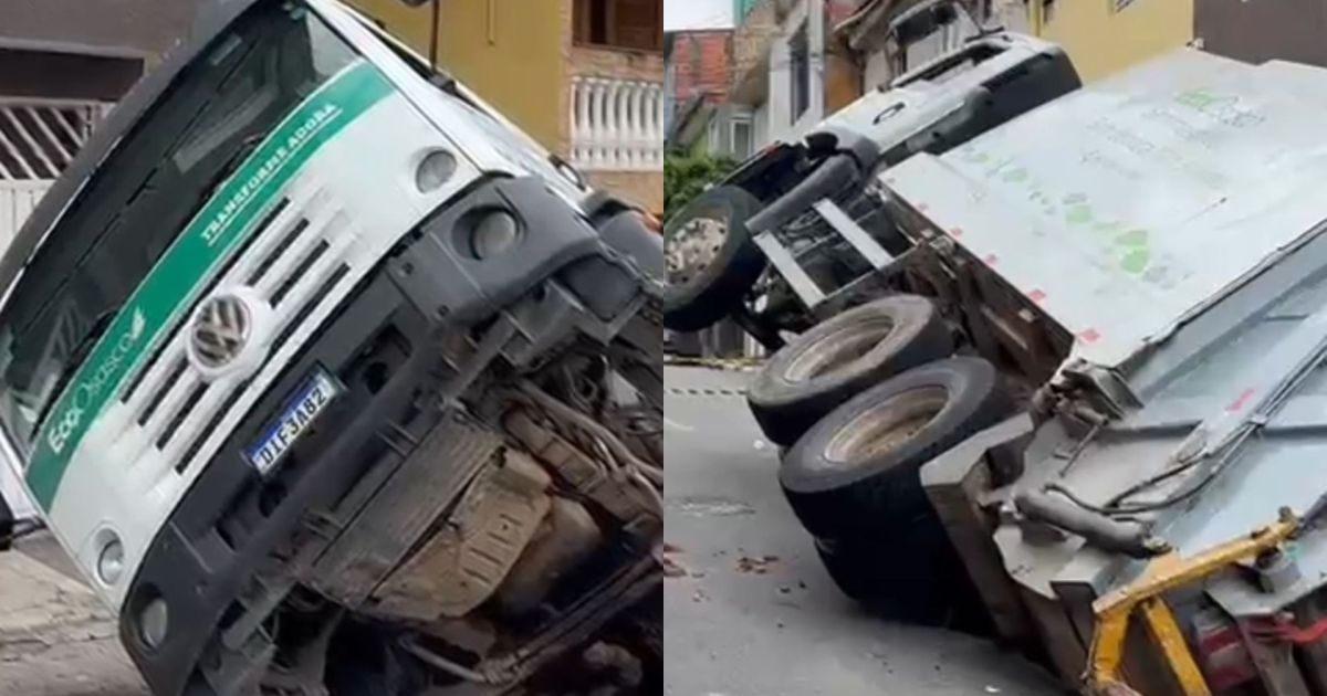 Caminhão de lixo cai em cratera após asfalto ceder em Osasco, na Grande São Paulo