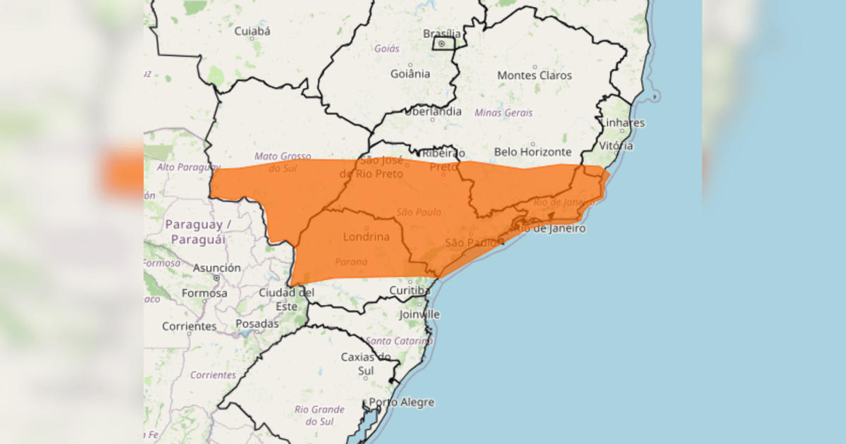 Inmet emite alerta laranja para tempestade em seis estados do Centro-Sul nesta quarta-feira