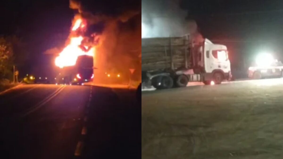 Ônibus e carreta são incendiados na saída de Itagimirim, no extremo sul da Bahia