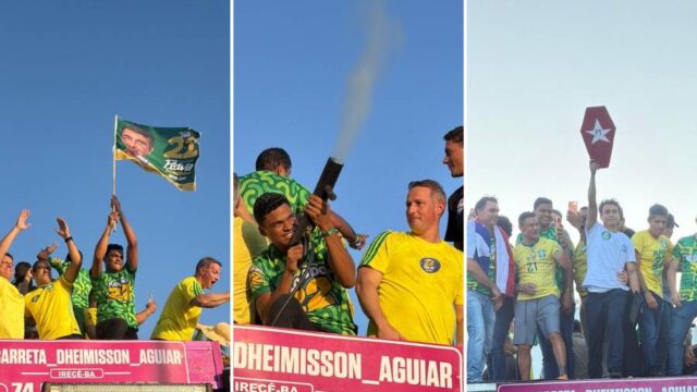 Sandro Filho sobe em trio ao lado de Flávio Bolsonaro em ato na Barra, em Salvador